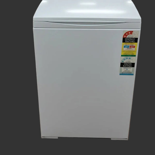 White washing machine with energy rating label in a store setting